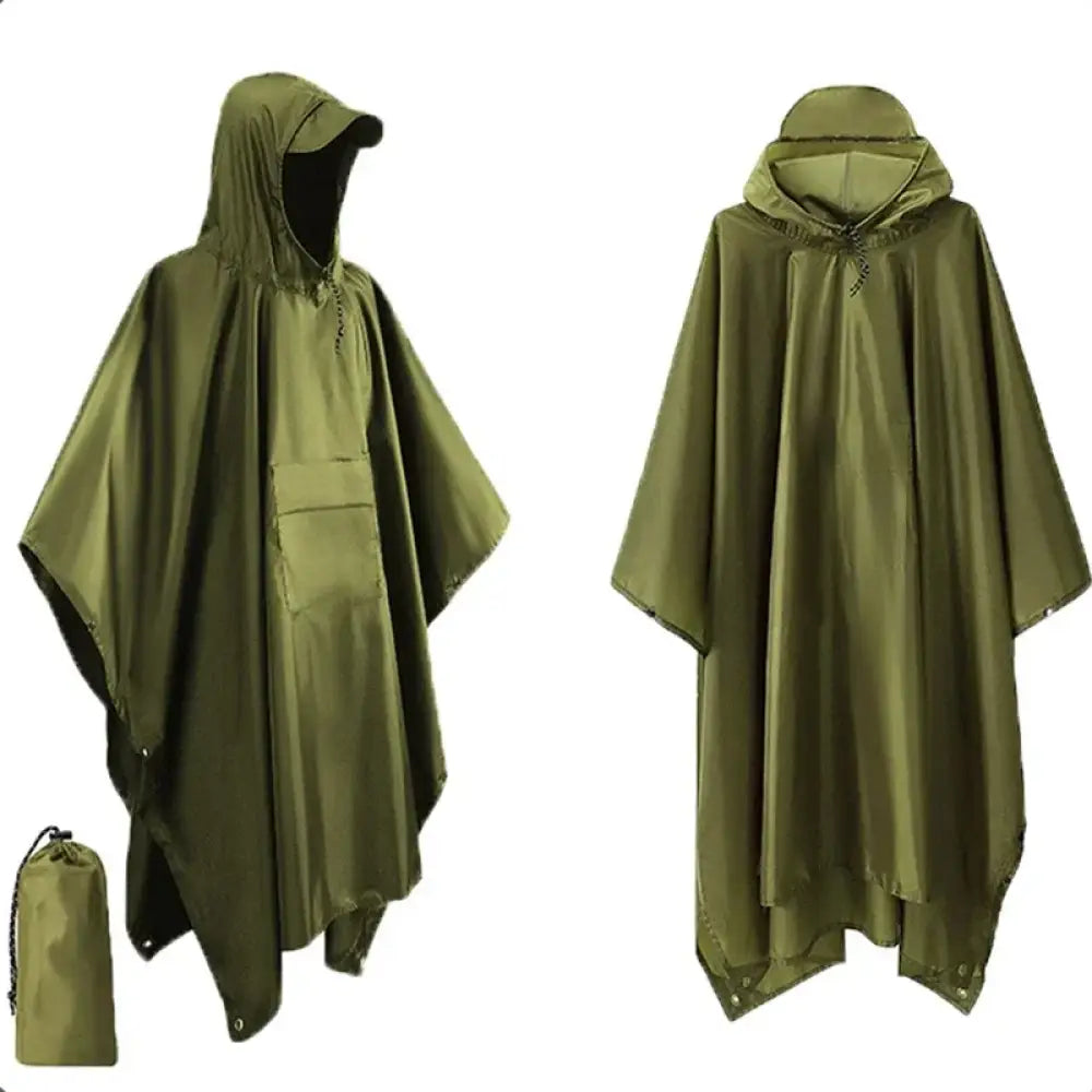 3-in-1 Military Rain Poncho – Waterproof Hooded Raincoat & Tent Shelter - Green - With Pocket - 3-in-1 Military Rain