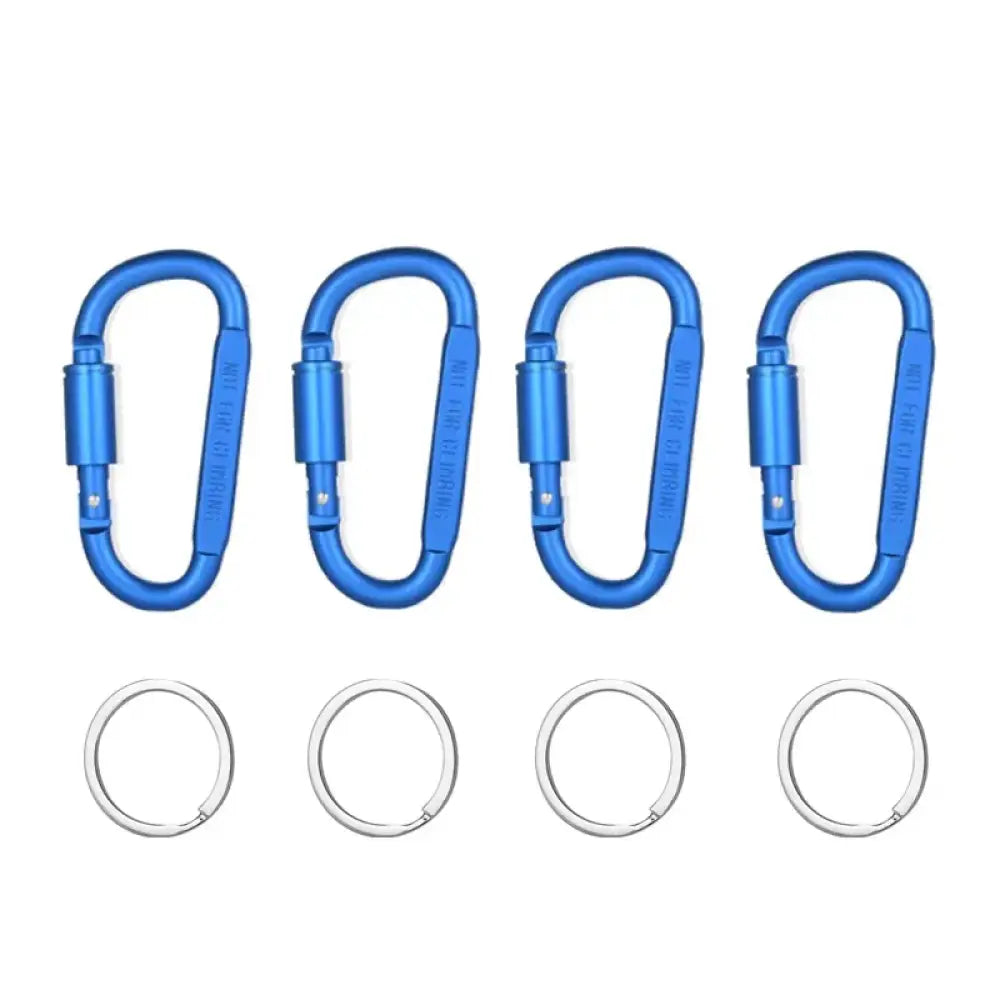 4pcs Aluminium Carabiner Set – Tactical Keychain Hooks for Camping & EDC - Blue With Ring - 4pcs Aluminium Carabiner