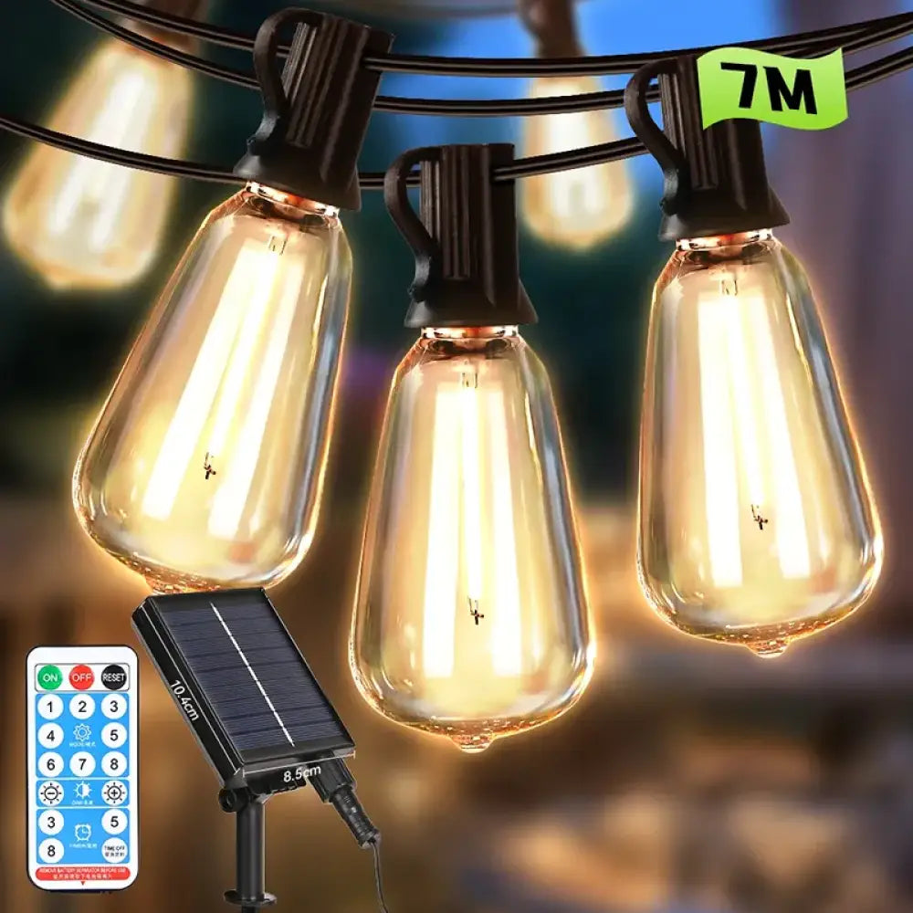 Solar Light String – Warm Bulb Fairy Lights with Remote Control (7–15m) - 7m (10 Vintage Bulbs + 1 spare) - Solar Light