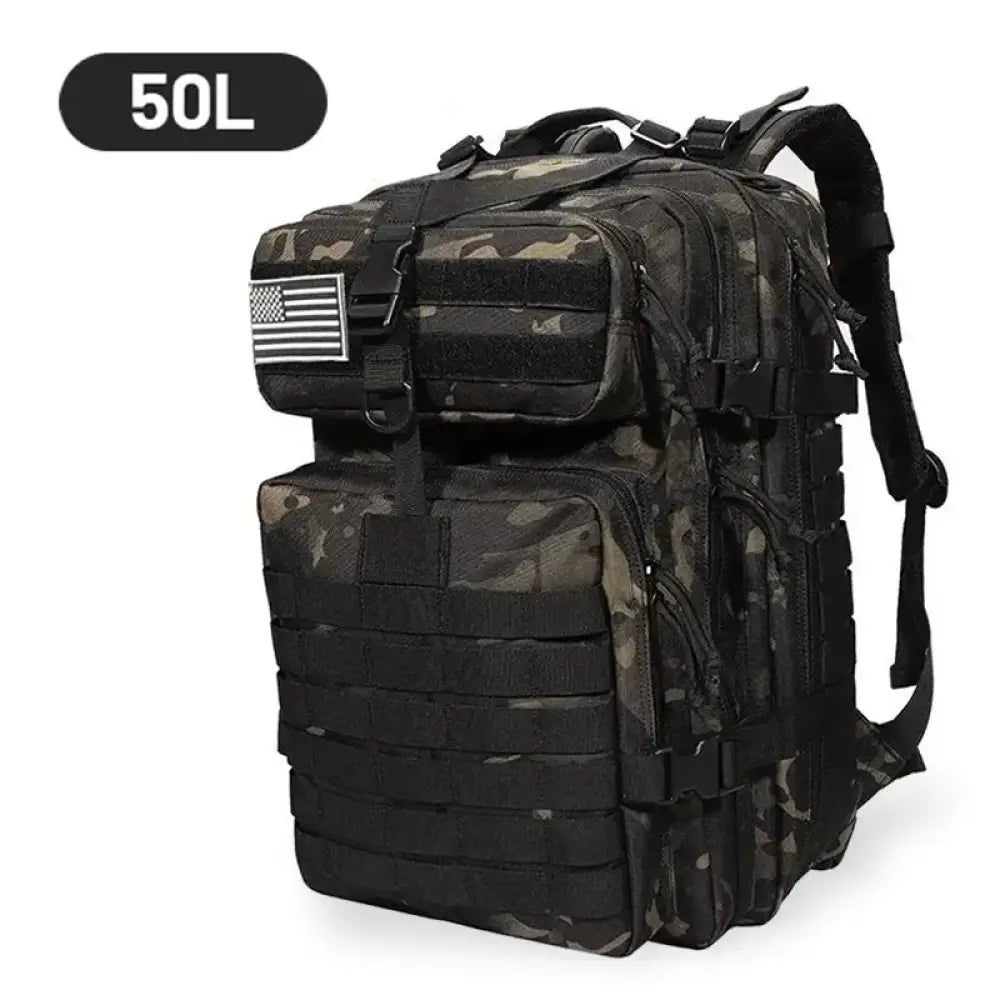 Tactical Waterproof Backpack 50L – 1000D Nylon Rucksack for Camping & Hiking - Black Camouflage - 50L Tactical