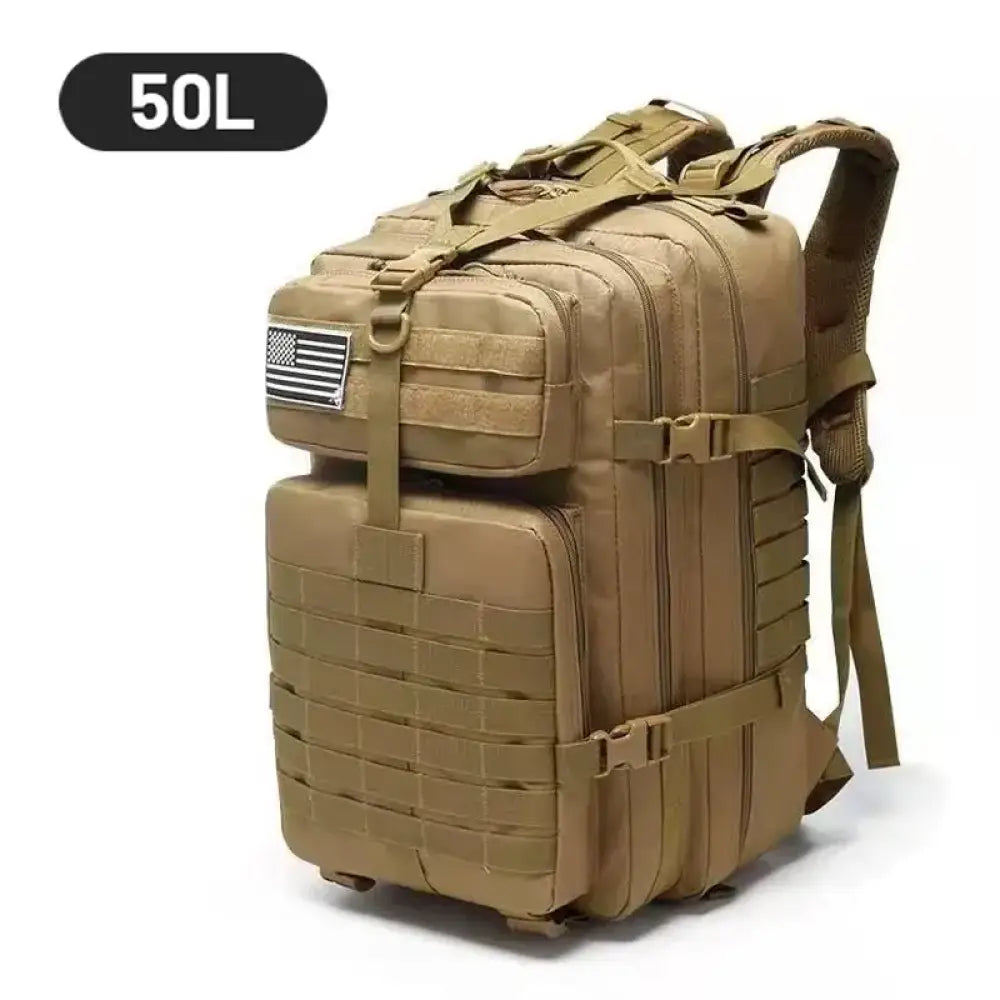 Tactical Waterproof Backpack 50L – 1000D Nylon Rucksack for Camping & Hiking - Khaki - 50L Tactical Waterproof Backpack