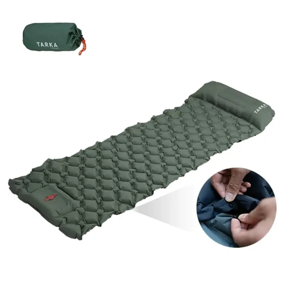 Tarka Inflatable Camping Mat – Self-Inflating Mattress with Pillow - Army Green - Tarka Inflatable Camping Mat –