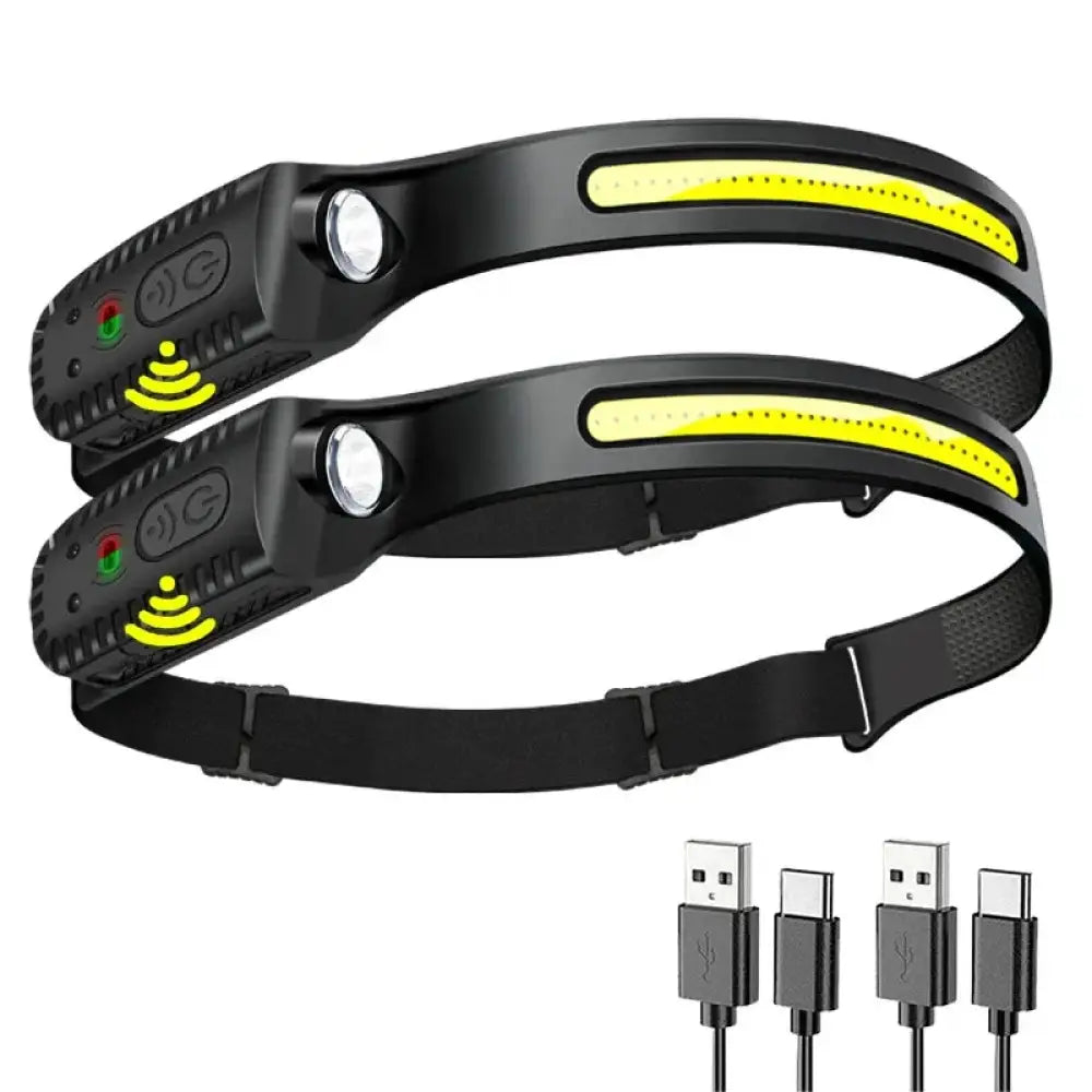 USB Rechargeable LED Headlamp – Sensor-Control Head Torch for Camping & Fishing - 2-Pack - USB Rechargeable LED