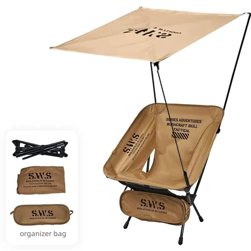 WellHike Folding Moon Chair – Lightweight Square Frame Beach & Picnic Chair - Set C – Khaki Chair + Canopy + Carry Bag