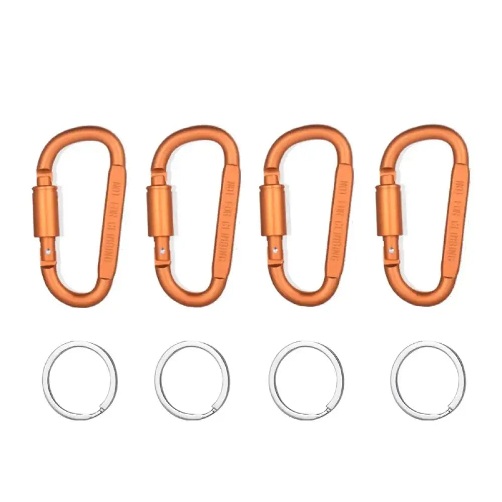 4pcs Aluminium Carabiner Set – Tactical Keychain Hooks for Camping & EDC - Orange With Ring - 4pcs Aluminium Carabiner