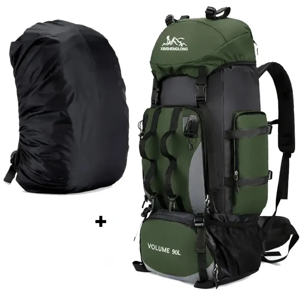 90 L Waterproof Hiking Backpack – Large-Capacity Trekking Bag for Camping & Travel - Army Green - Whit Rain Cover - 90