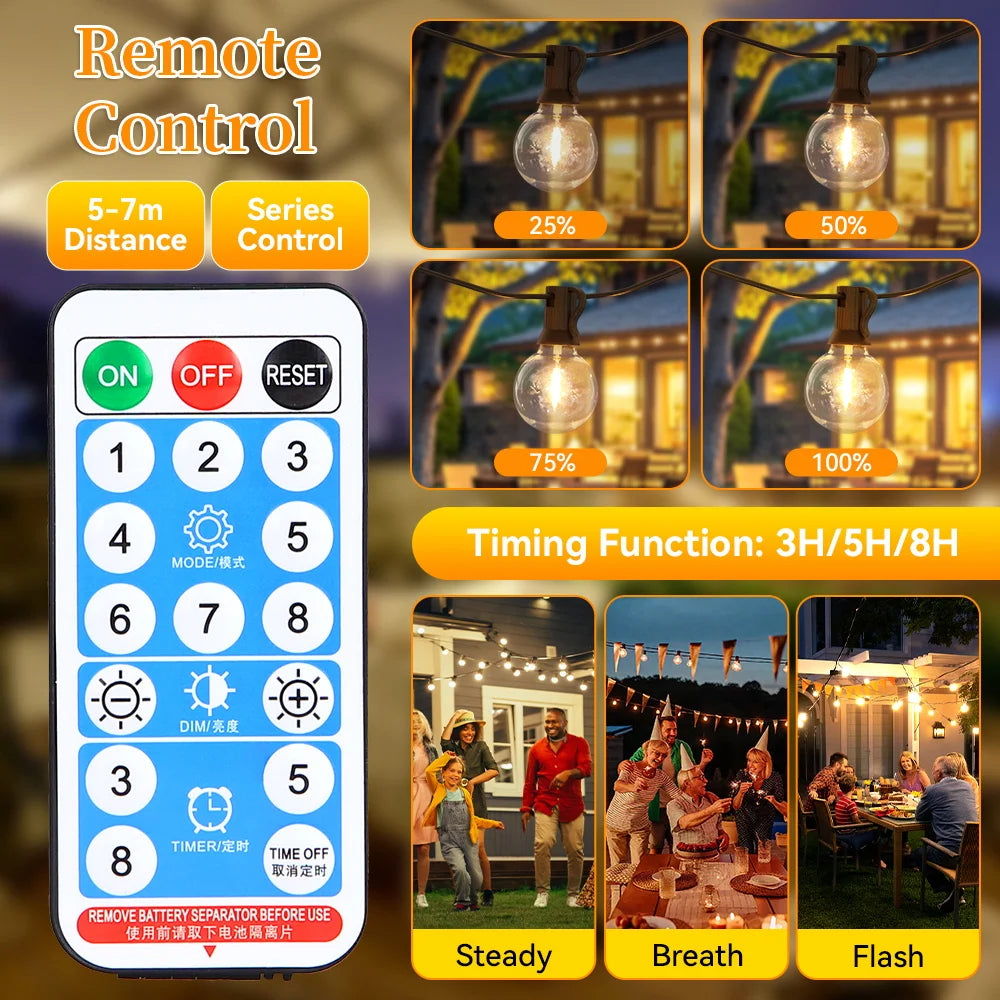 Solar Light String – Warm Bulb Fairy Lights with Remote Control (7–15m)