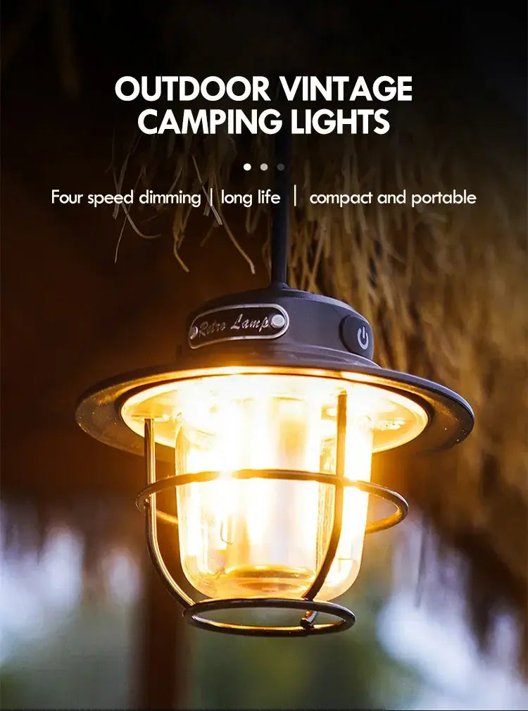 Retro LED Camping Lantern – Rechargeable Waterproof Hanging Lamp
