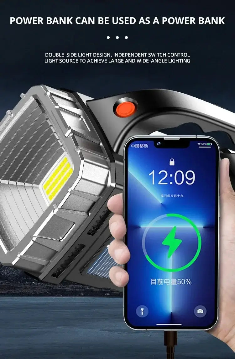 Solar LED Flashlight – USB Rechargeable Searchlight & Power Bank