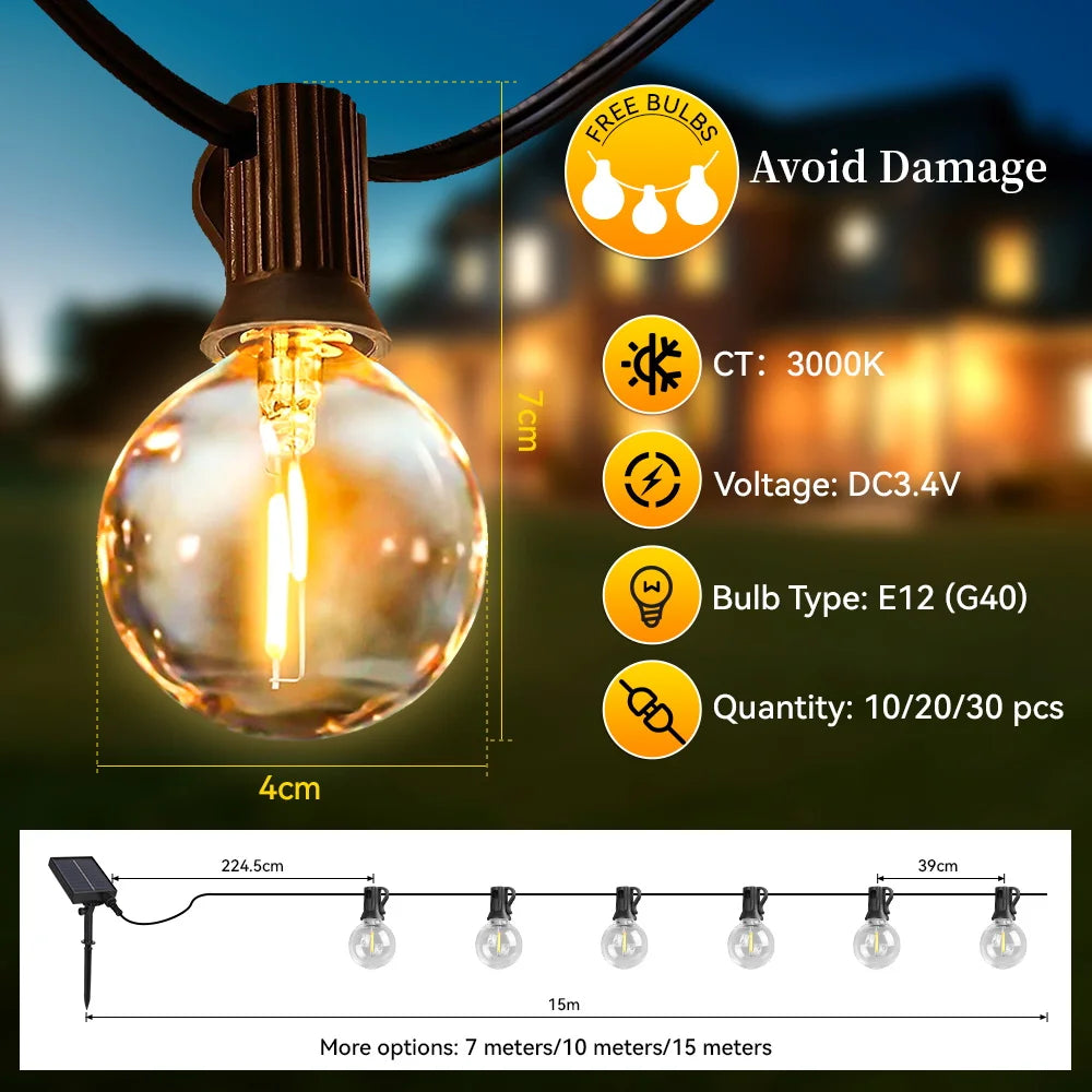 Solar Light String – Warm Bulb Fairy Lights with Remote Control (7–15m)