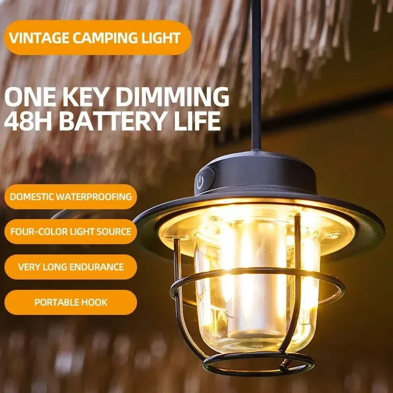 Retro LED Camping Lantern – Rechargeable Waterproof Hanging Lamp
