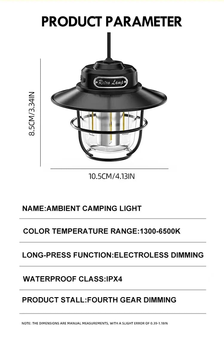 Retro LED Camping Lantern – Rechargeable Waterproof Hanging Lamp