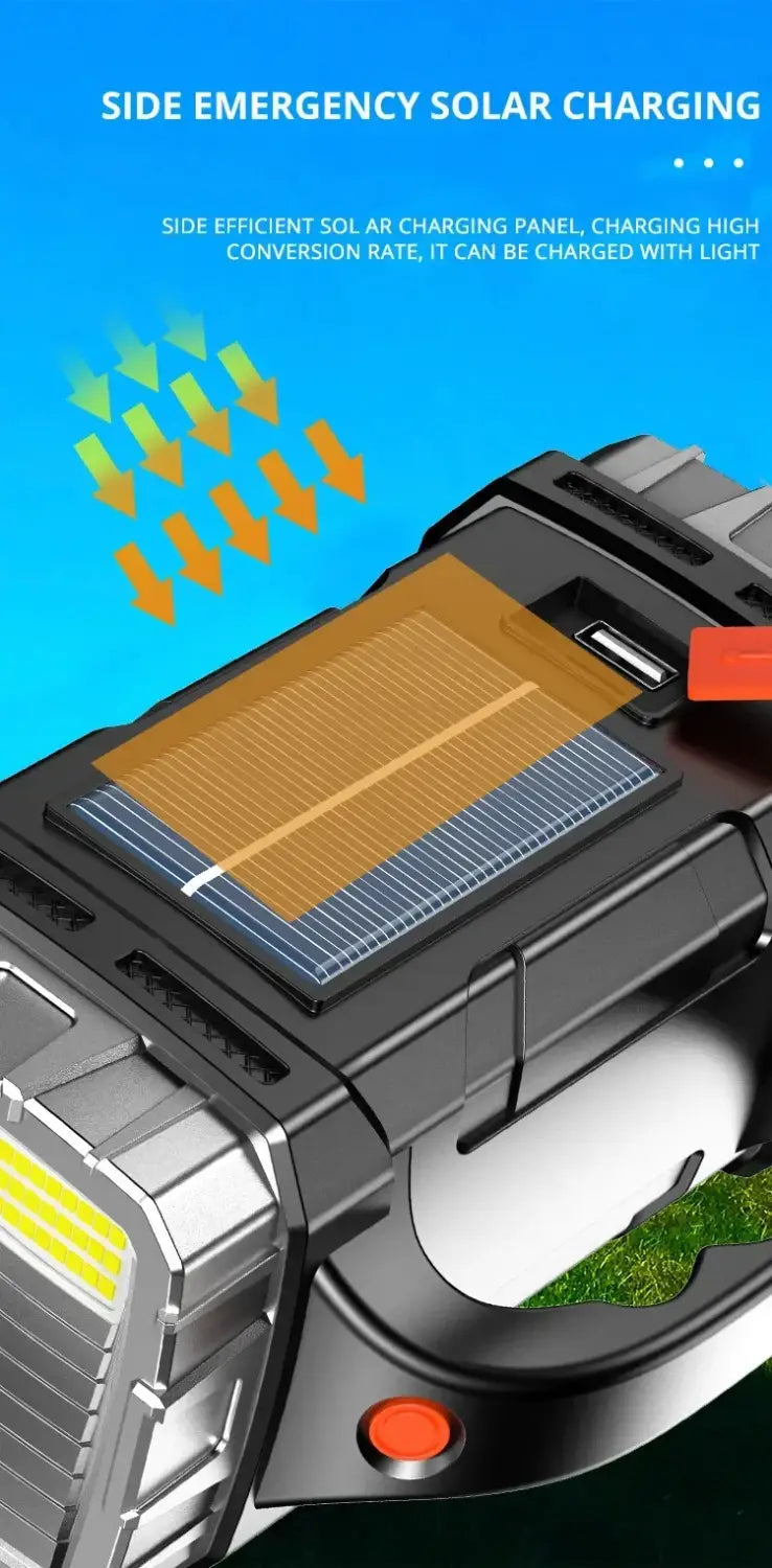 Solar LED Flashlight – USB Rechargeable Searchlight & Power Bank