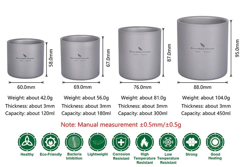 Boundless Voyage Titanium Cup Set – Double-Wall Camping Mug Collection (120–450ml)