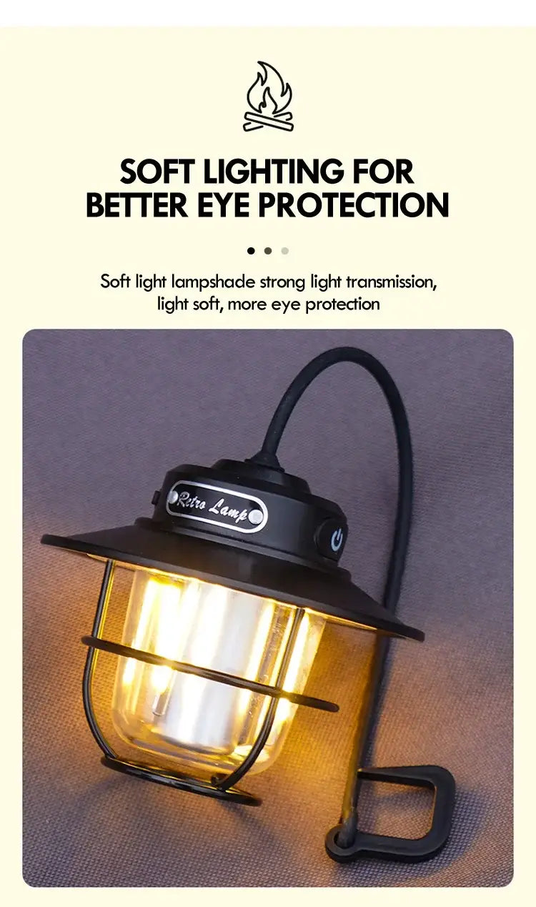 Retro LED Camping Lantern – Rechargeable Waterproof Hanging Lamp