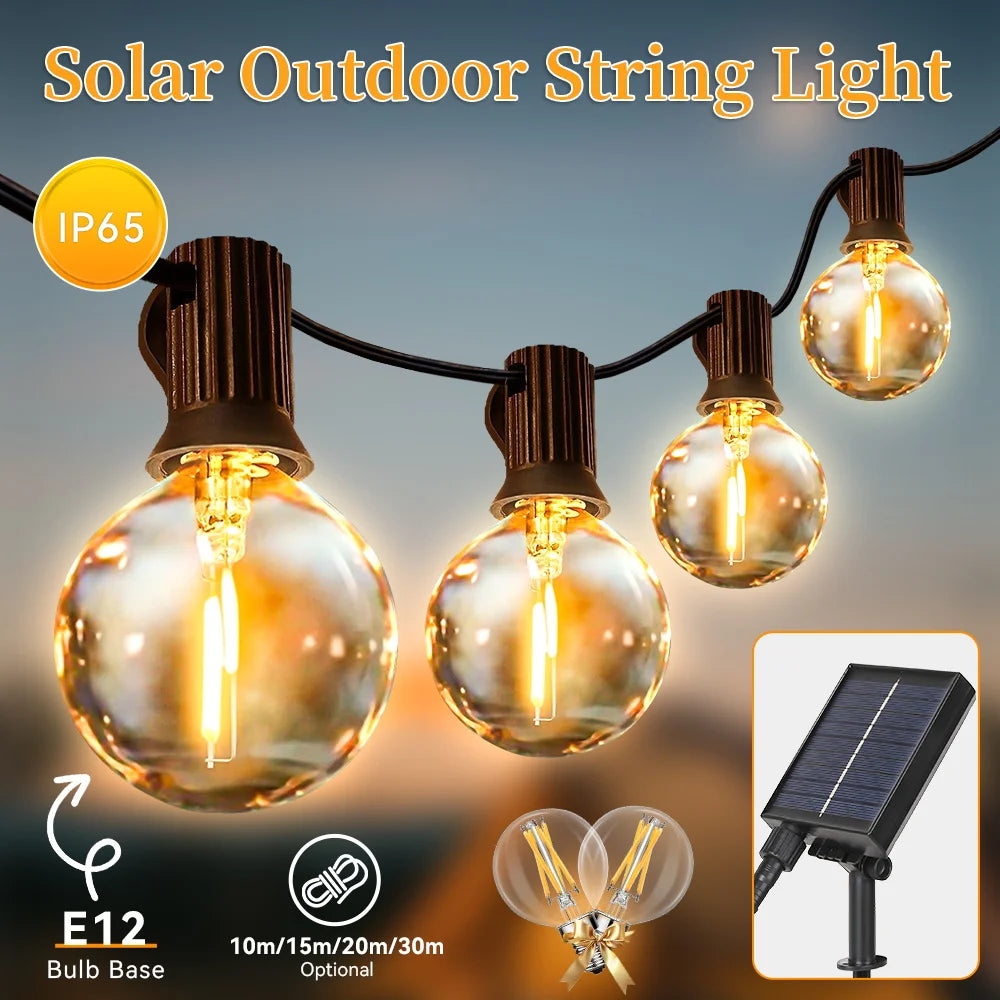 Solar Light String – Warm Bulb Fairy Lights with Remote Control (7–15m)