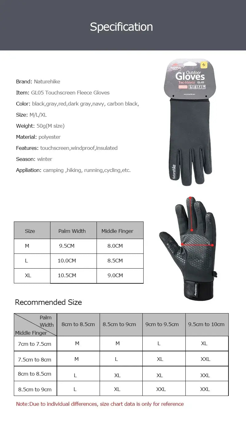 Naturehike NH19S005-T Winter Gloves – Insulated Fleece Touchscreen Anti-Slip