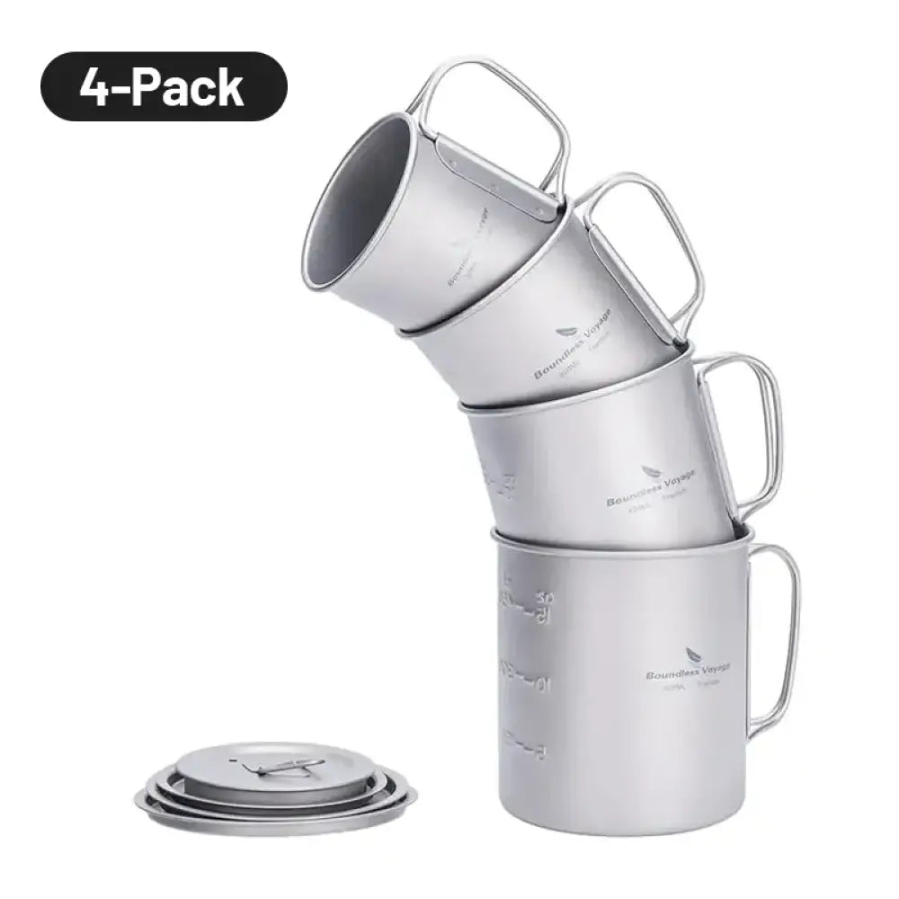 Camping Titanium Mug with Lid – Lightweight Portable Cup for Hiking & Travel - 4-Pack Titanium Cup Set
