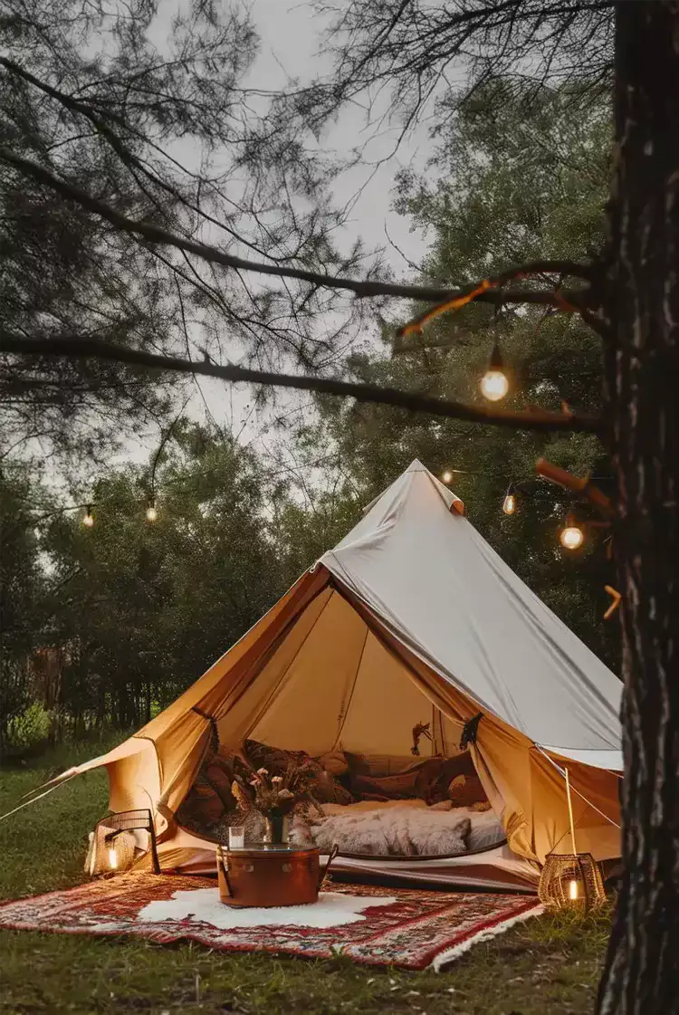 A cozy, cream-colored bell tent with a warm interior glow and string lights hanging above.