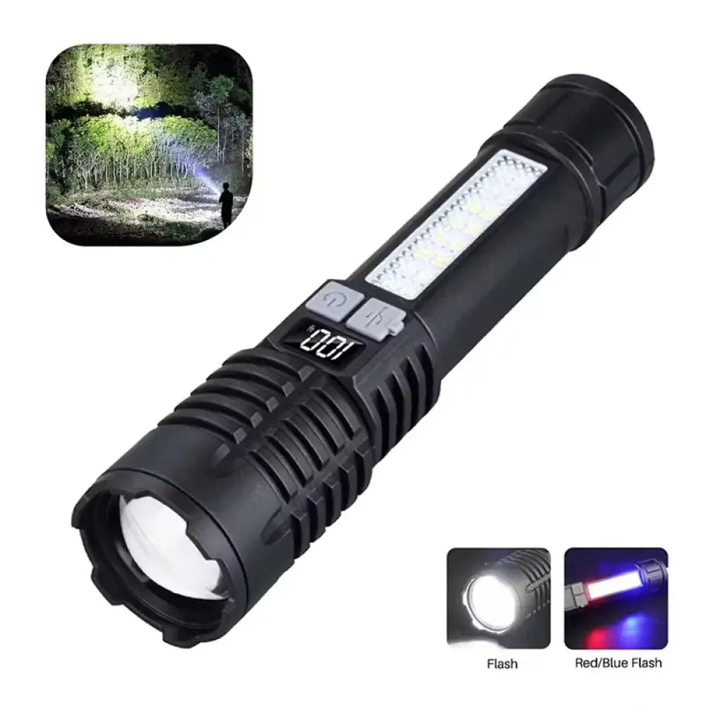 High Power COB LED Flashlight – Type-C Rechargeable Torch with Side Light - Black (Single Pack) - High Power COB LED