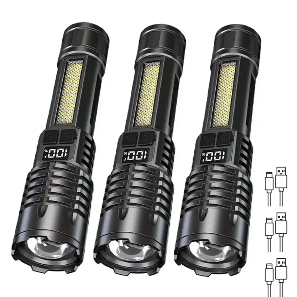 High Power COB LED Flashlight – Type-C Rechargeable Torch with Side Light - Black (3-pack) - High Power COB LED