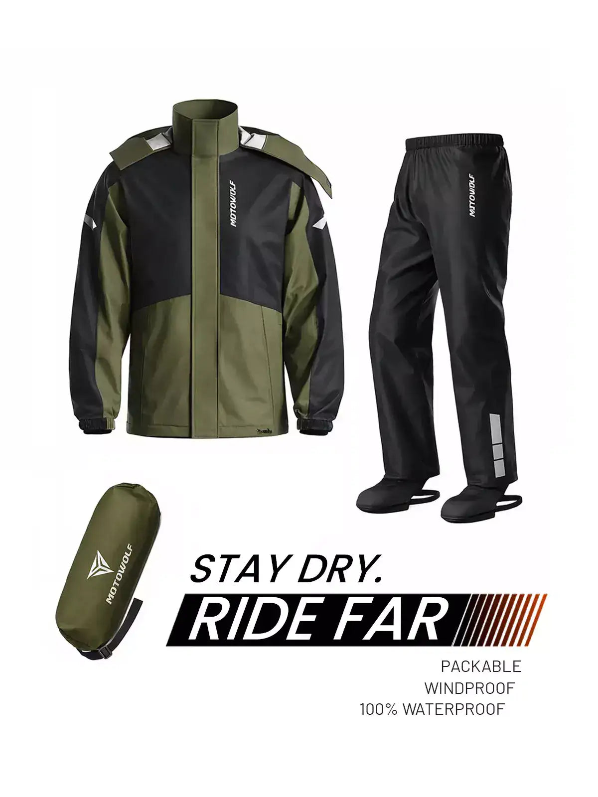 Motorcycle rain suit in olive and black with reflective stripes, featuring a packable design for waterproof protection.