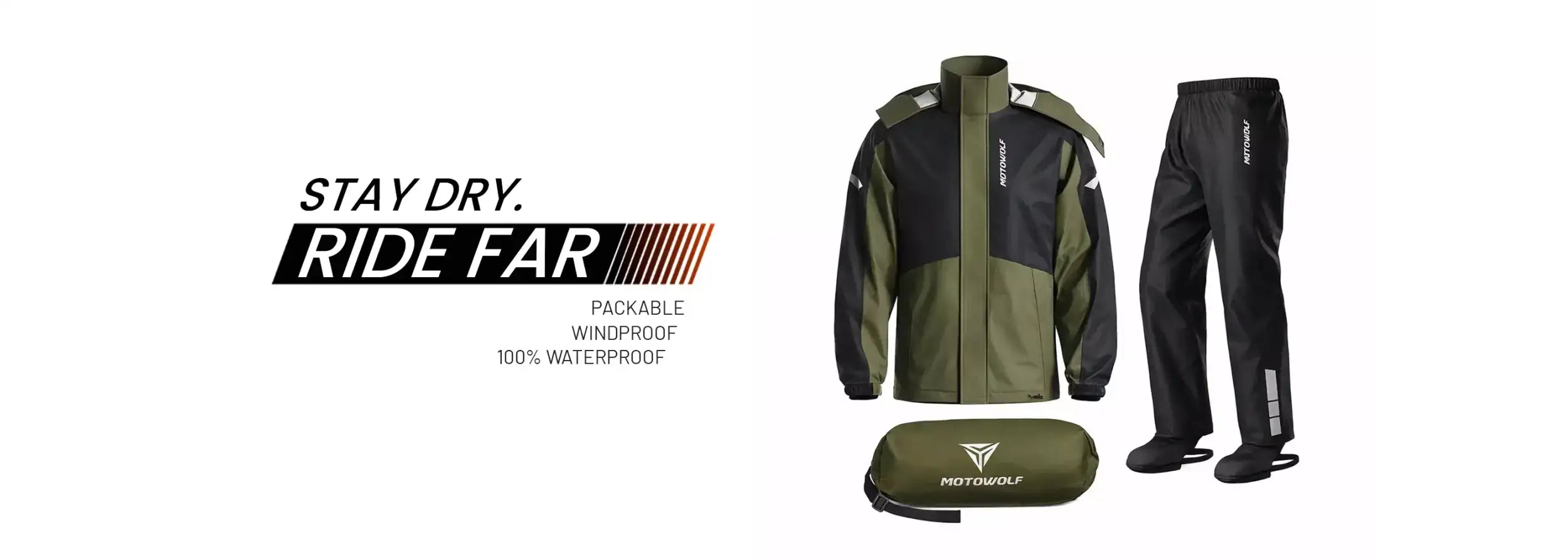 Olive and black waterproof motorcycle rain suit set with a matching packable storage bag
