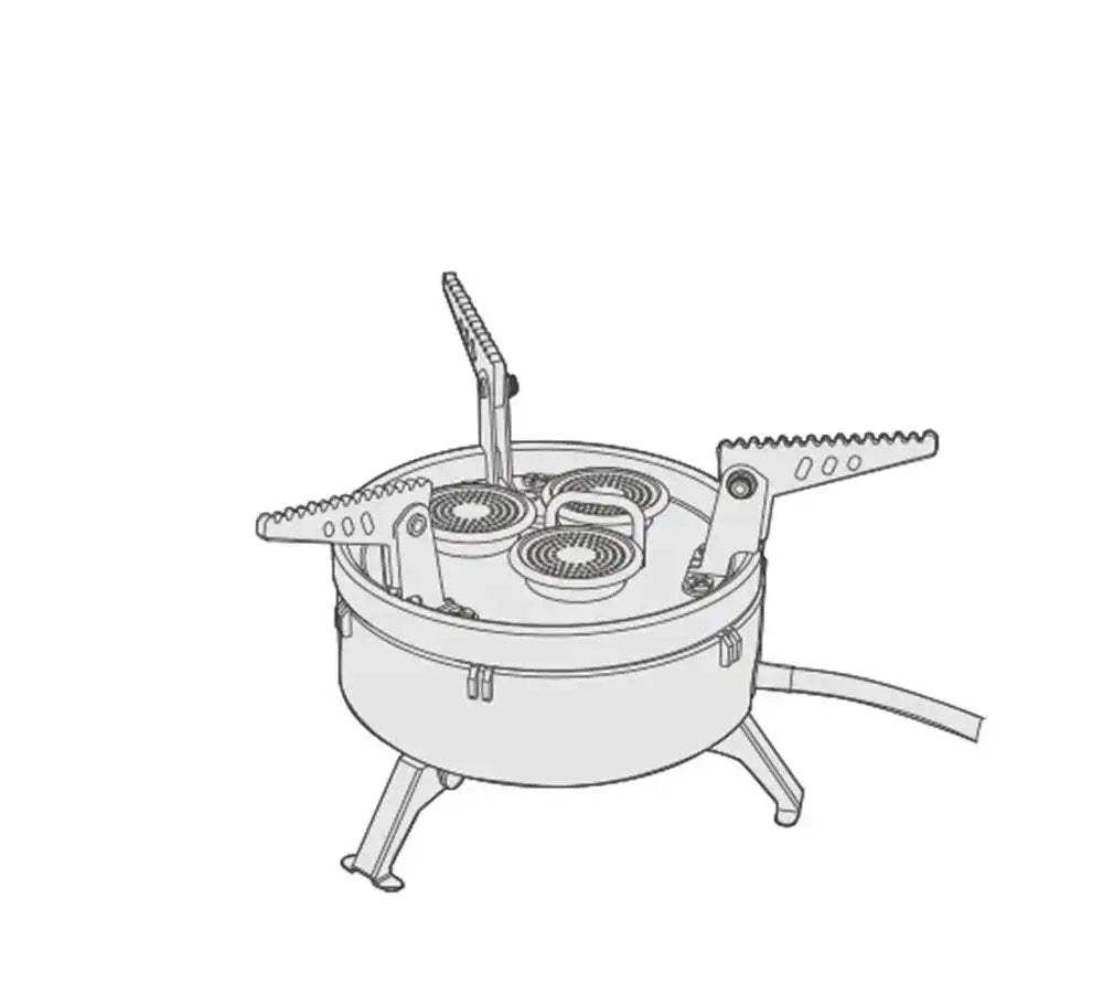 Portable camping stove with three burners and adjustable legs