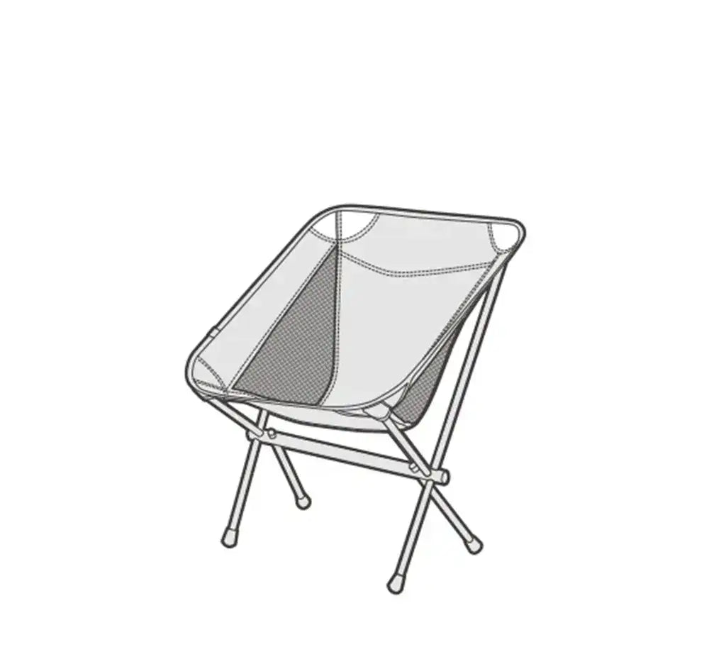 A sleek, minimalist folding camp chair with a mesh fabric seat and backrest supported by slender metal legs.