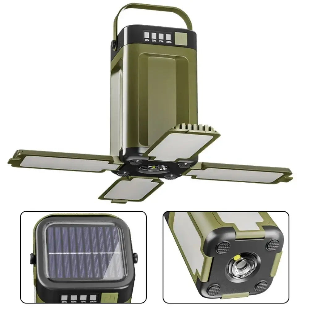 Solar Foldable Camping Light – 4-Blade LED Tent Lamp with 2000mAh Battery - Green - Solar Foldable Camping Light –