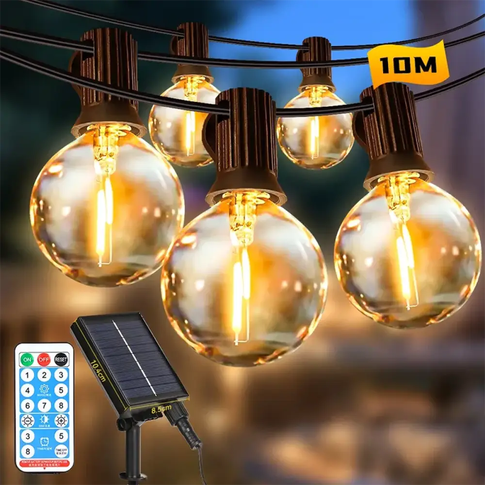 Solar Light String – Warm Bulb Fairy Lights with Remote Control (7–15m) - 10m (20 Round Bulbs + 1 spare) - Solar Light