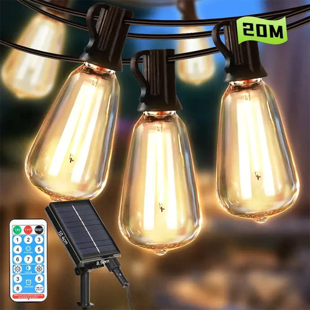 Solar Light String – Warm Bulb Fairy Lights with Remote Control (7–15m) - 20m (40 Vintage Bulbs + 2 spare) - Solar