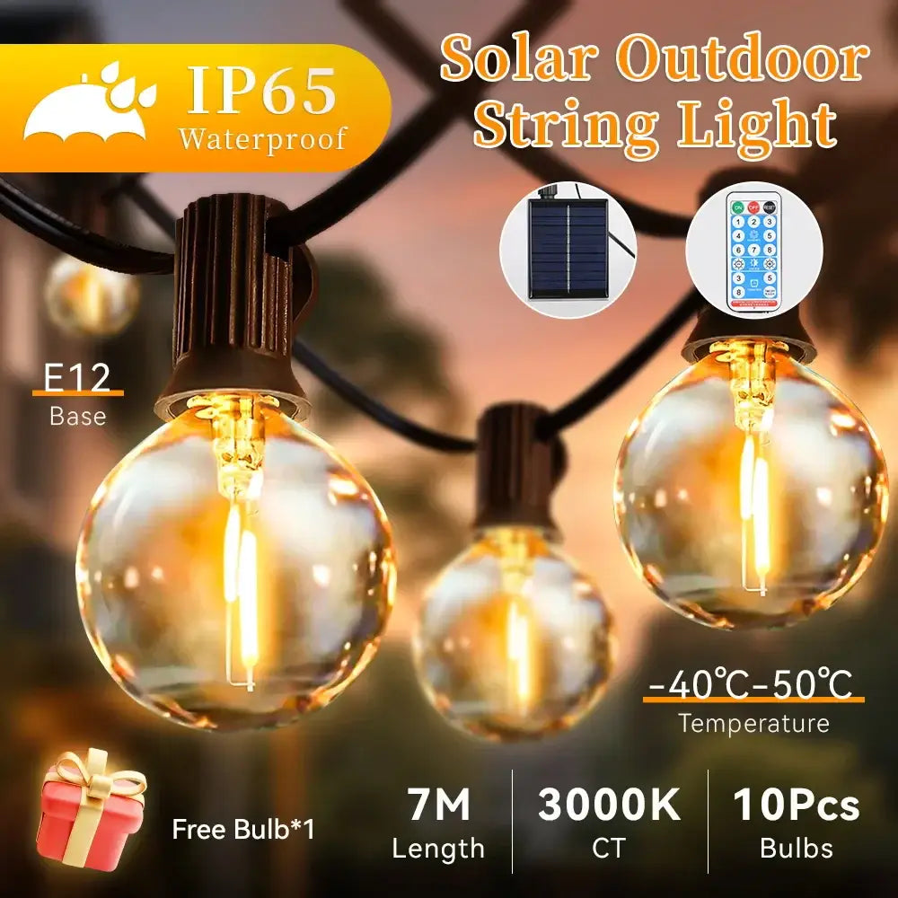 Solar Light String – Warm Bulb Fairy Lights with Remote Control (7–15m) - Solar Light String – Warm Bulb Fairy Lights