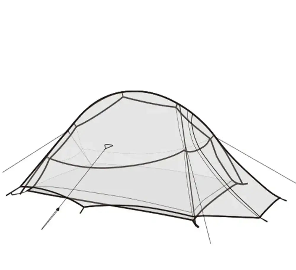 Transparent mesh tent with a sleek, minimalist design and black structural lines.