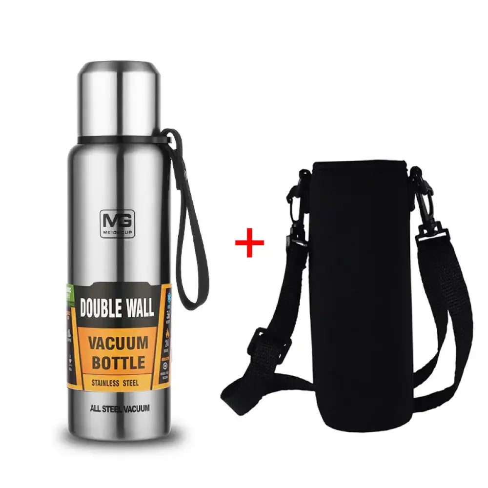 Upors Stainless Steel Thermos – Large Capacity Insulated Bottle (500ml–1500ml) - Silver - With Bag / 500ml - Upors
