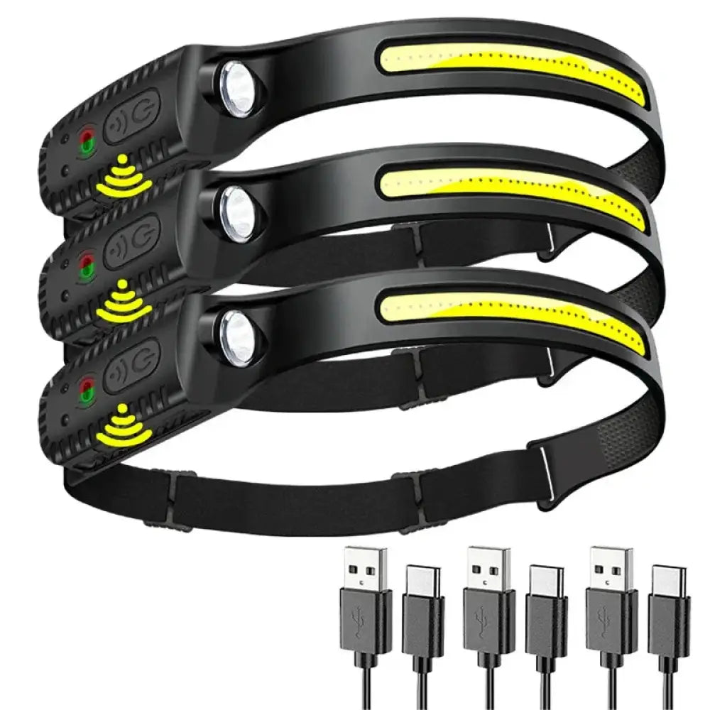 USB Rechargeable LED Headlamp – Sensor-Control Head Torch for Camping & Fishing - 3-Pack - USB Rechargeable LED