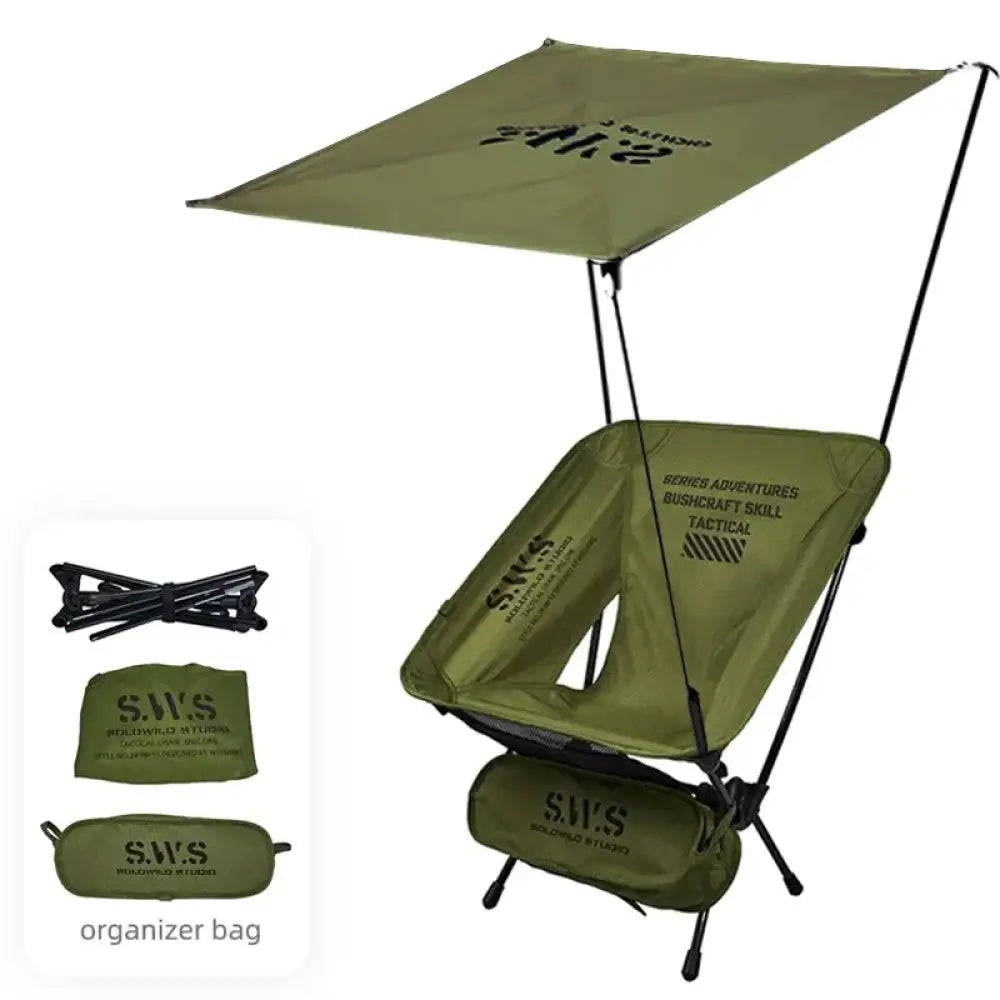 WellHike Folding Moon Chair – Lightweight Square Frame Beach & Picnic Chair - Set B – Military Green Chair + Canopy