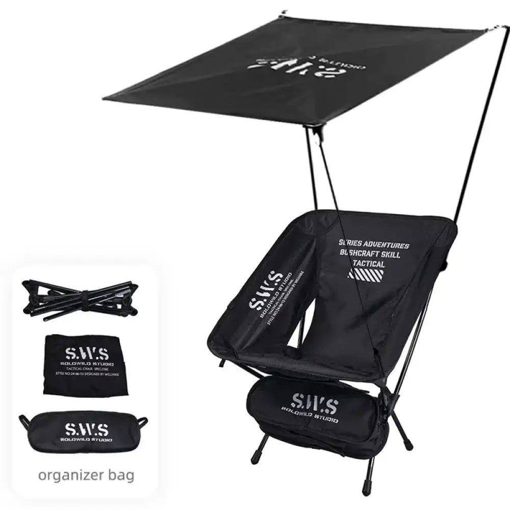 WellHike Folding Moon Chair – Lightweight Square Frame Beach & Picnic Chair - Set A – Black Chair + Canopy + Carry Bag