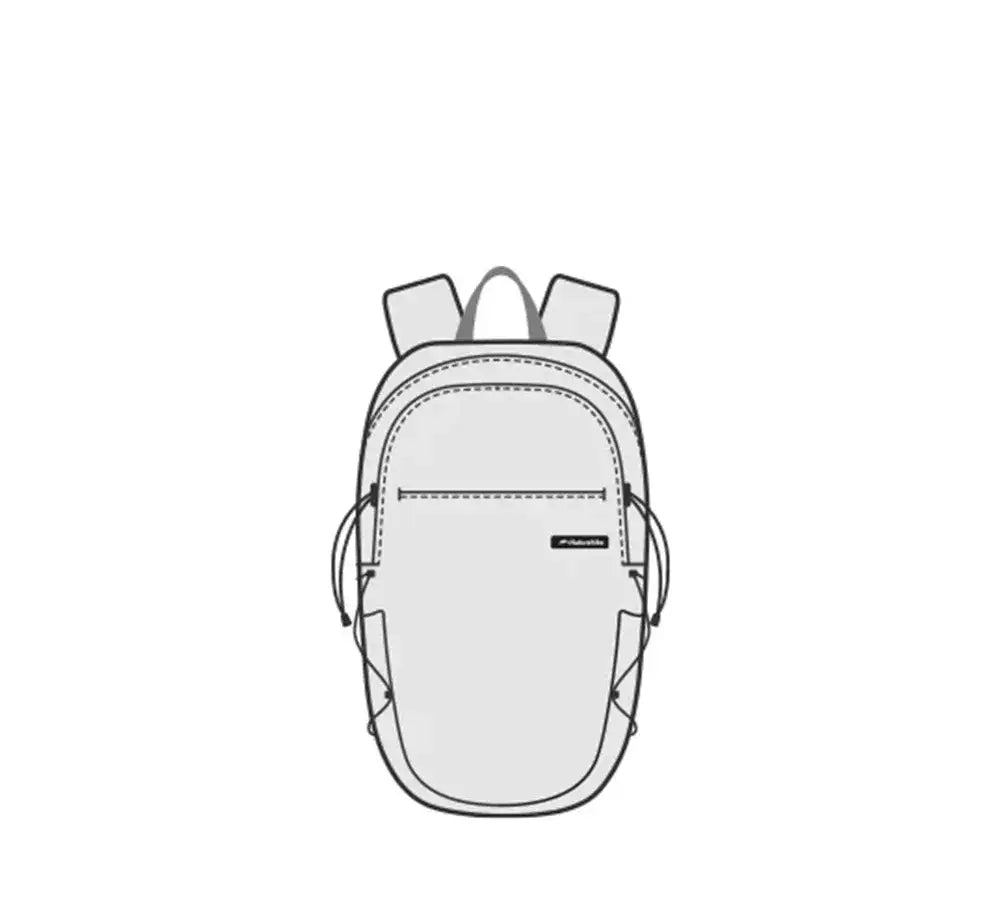 White backpack with gray straps and a small black logo on the front.