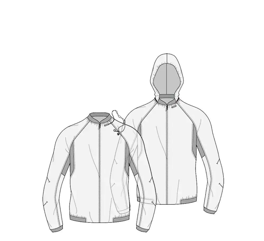 White hooded jacket with gray accents and zipper closure